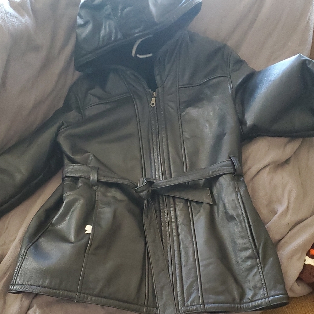 Black Leather Hooded Jacket